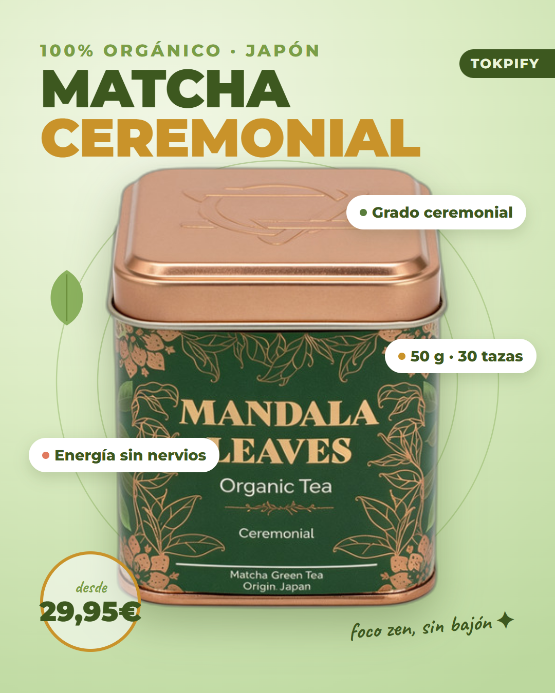 Lata de matcha ceremonial orgánico Mandala Leaves