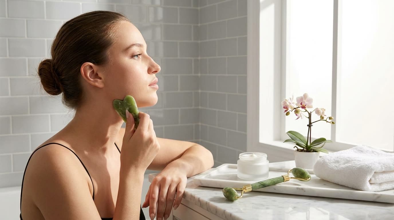 Mujer usando la gua sha en el baño, con el roller y la crema sobre el mármol