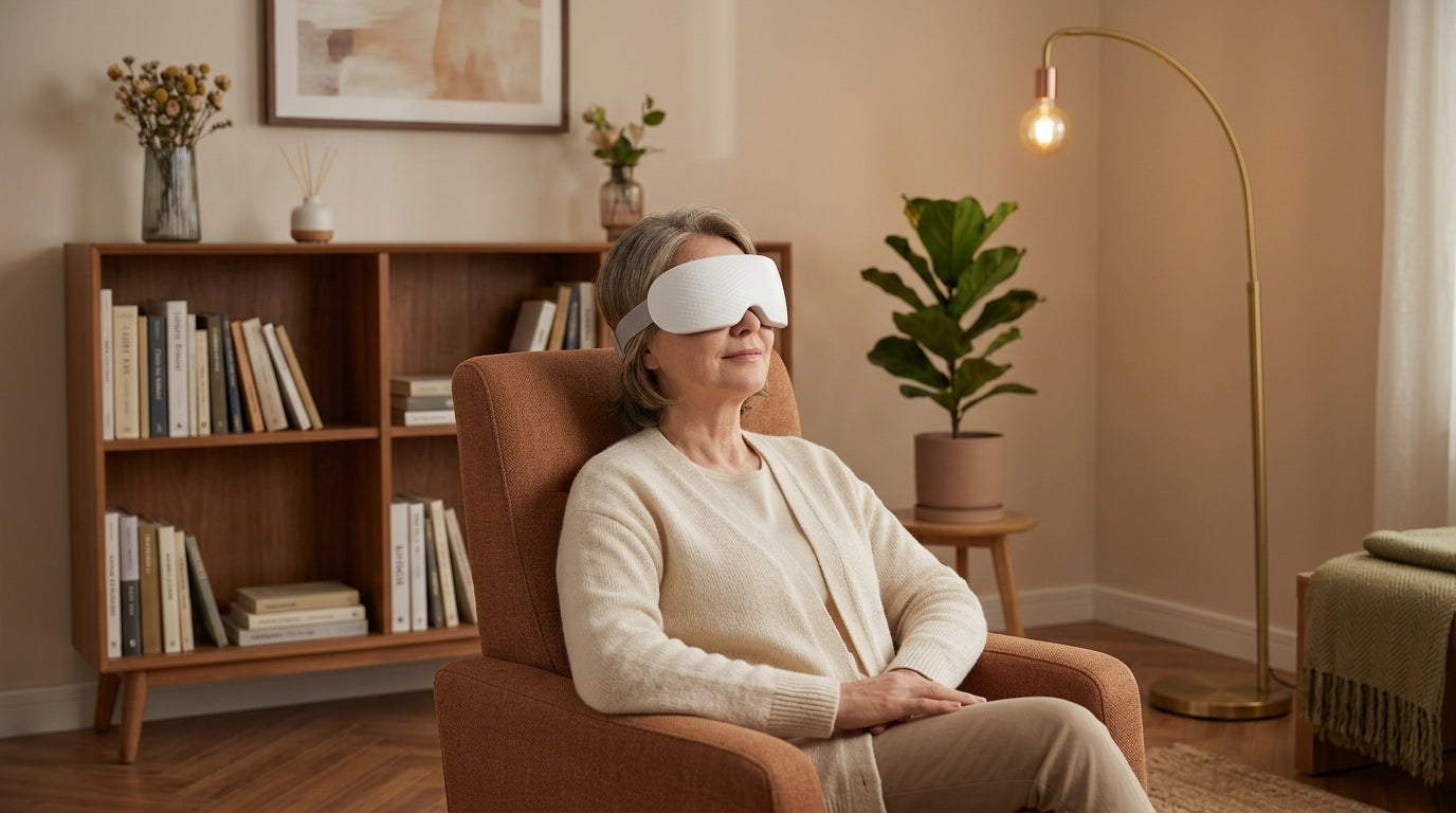 Mujer relajándose con el masajeador de ojos SERENO en su sillón