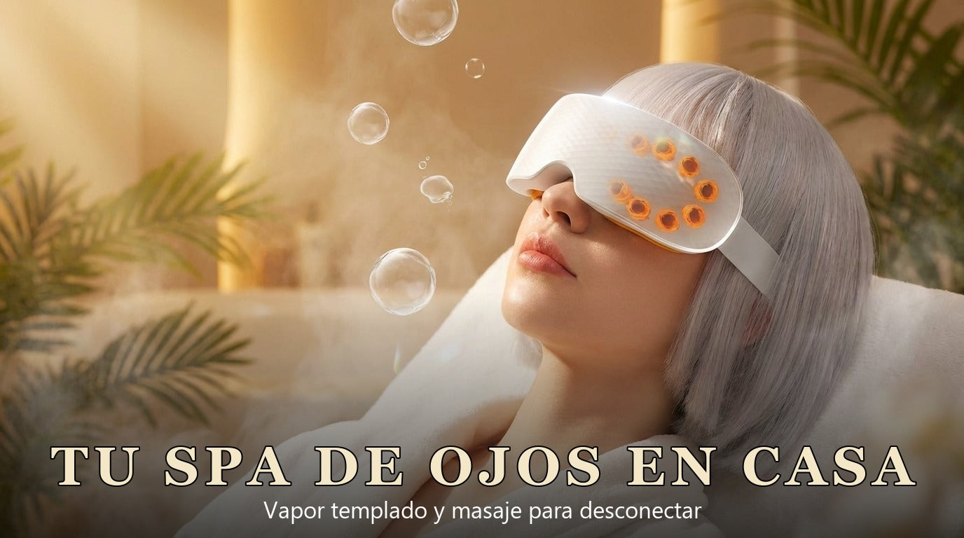 Mujer relajándose con el masajeador de ojos SERENO en un spa