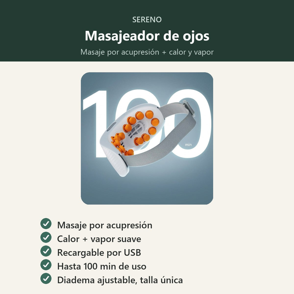 Características del masajeador SERENO: masaje por acupresión, calor y vapor, recargable USB, hasta 100 minutos y diadema ajustable