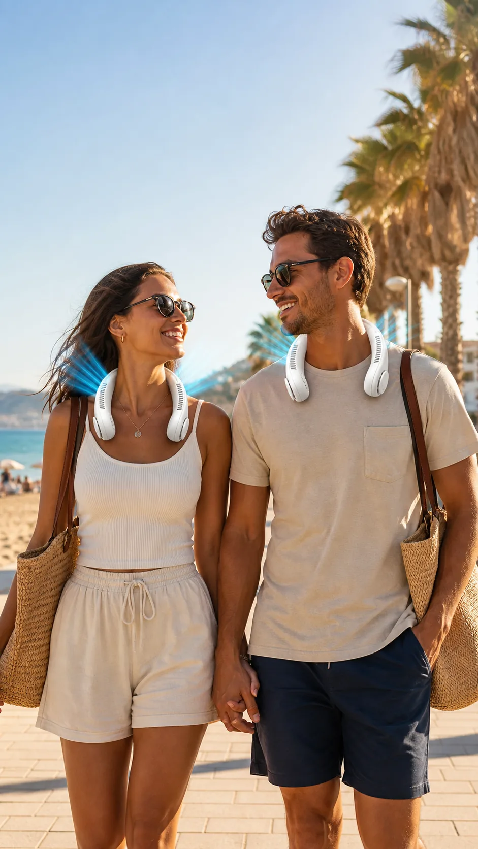 Pareja caminando en verano, cada uno con su ventilador de cuello FrescoGo