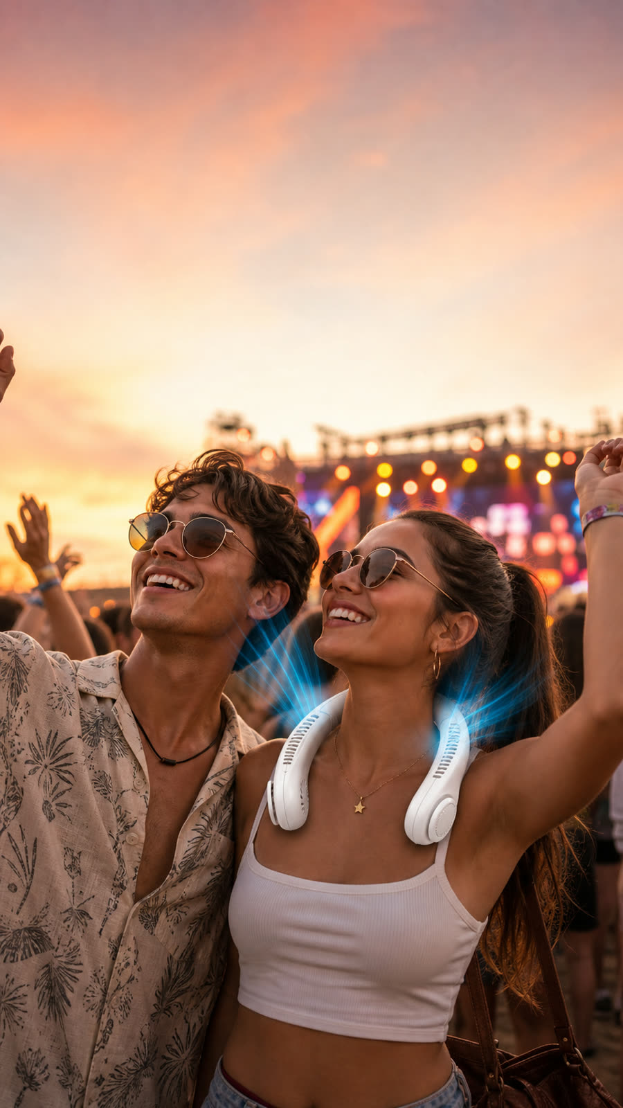 Cliente en un festival de verano con el ventilador de cuello FrescoGo