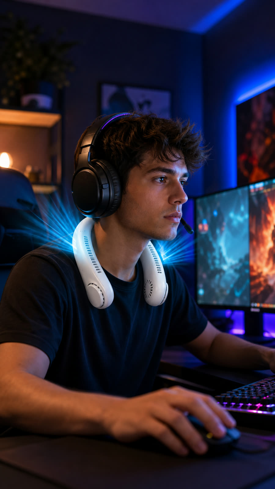 Joven jugando con luces de colores y el ventilador de cuello FrescoGo