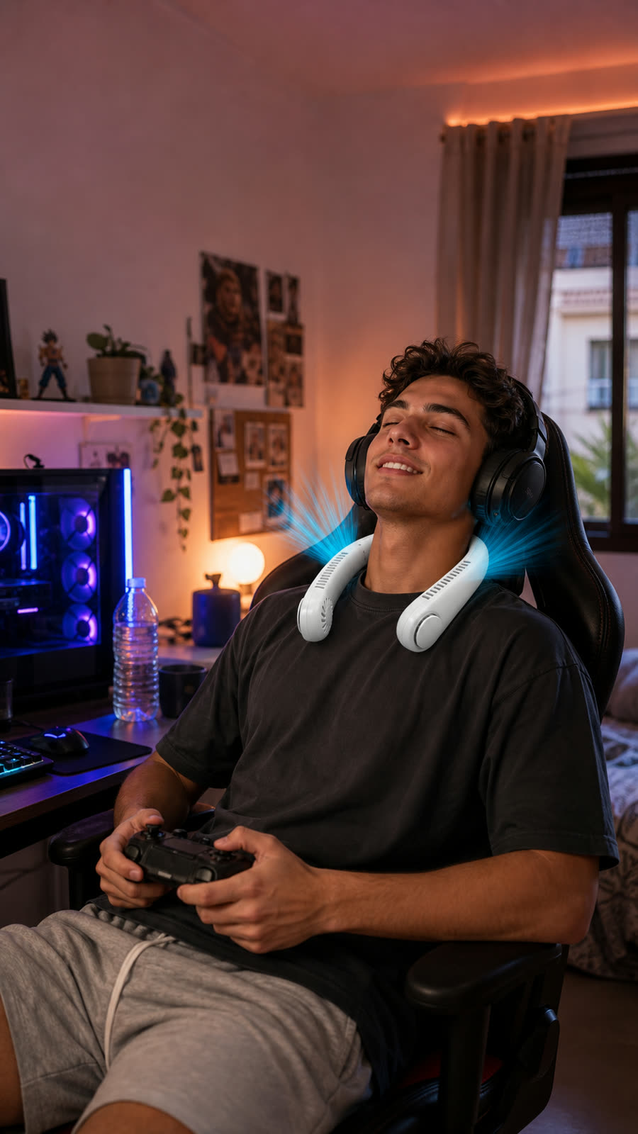 Chico jugando relajado con el ventilador de cuello FrescoGo en su silla gaming