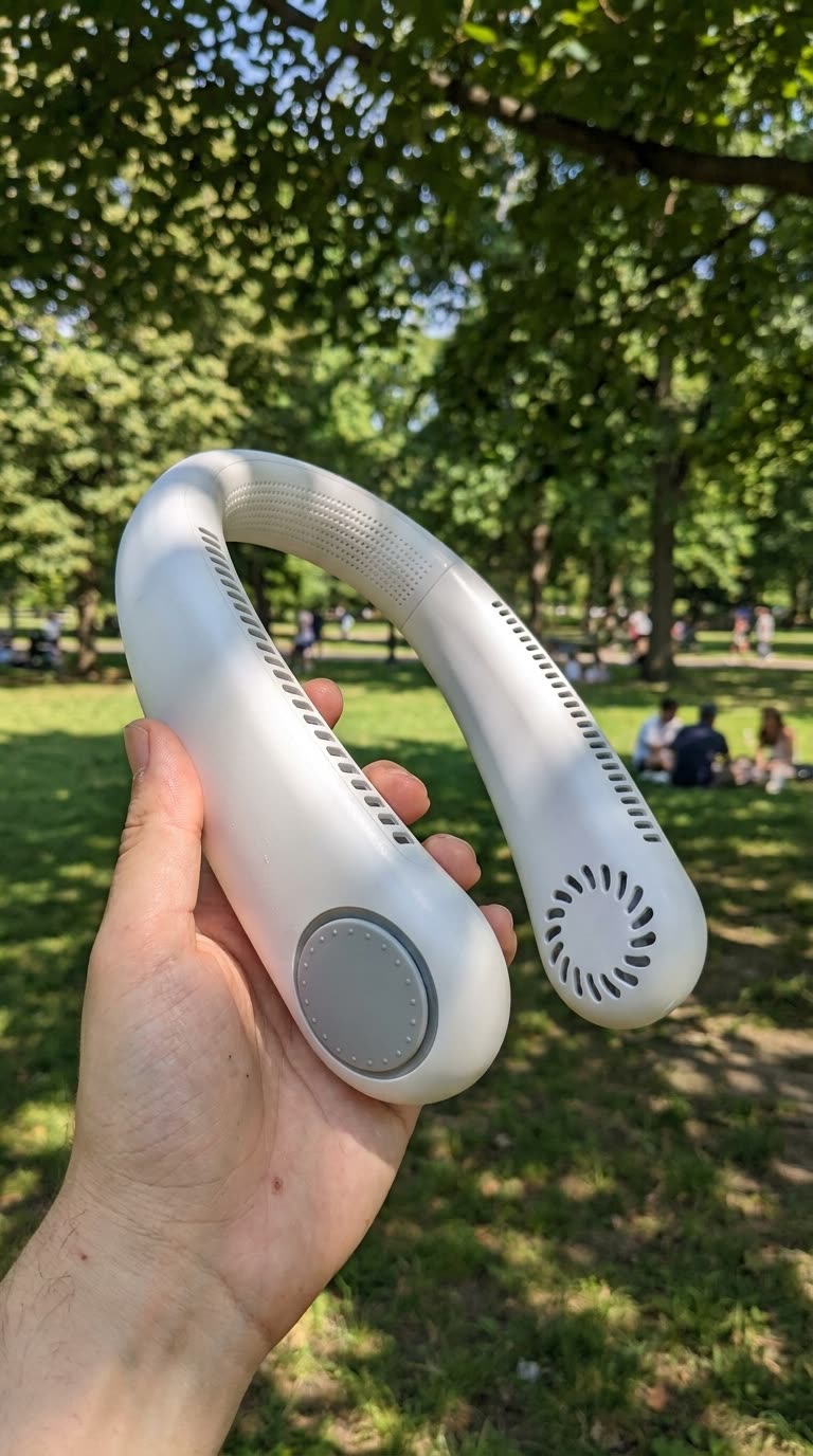 Cliente sosteniendo el ventilador de cuello FrescoGo en un parque