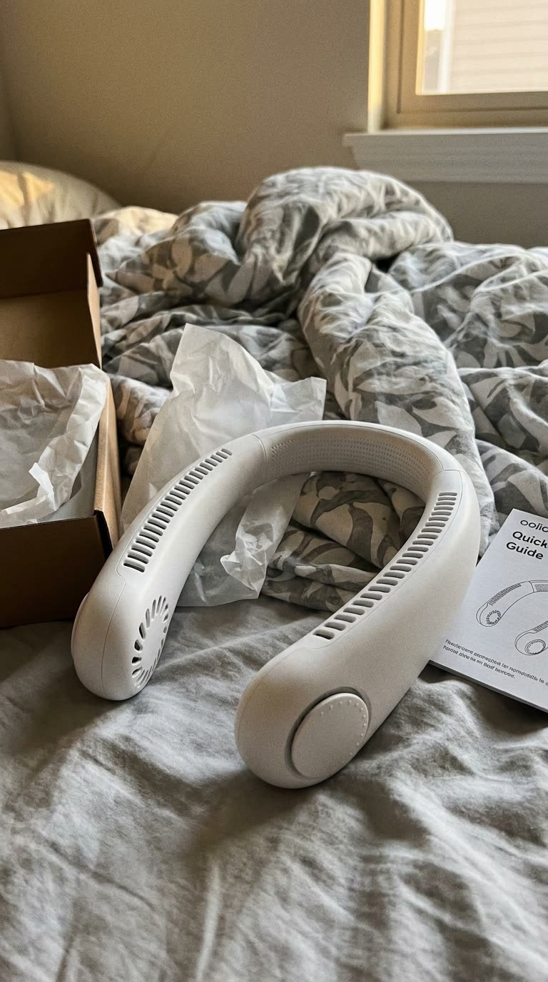 Ventilador de cuello FrescoGo recién desembalado sobre la cama