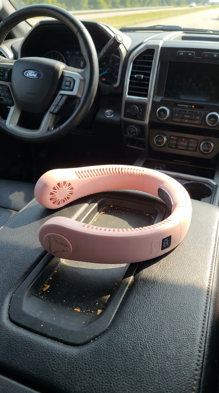 Ventilador de cuello FrescoGo en el coche durante un viaje de verano