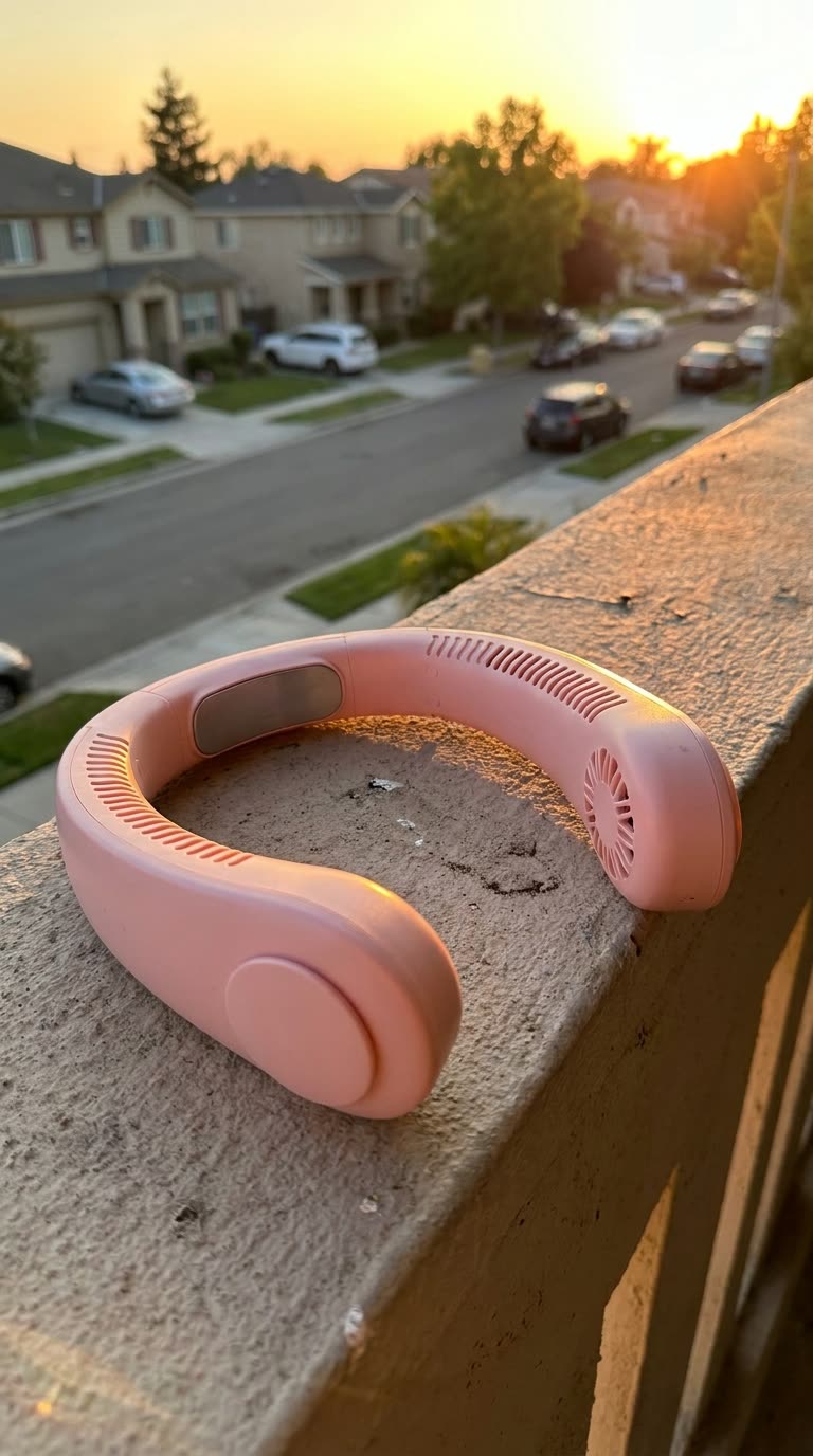 Ventilador de cuello FrescoGo en la terraza al atardecer