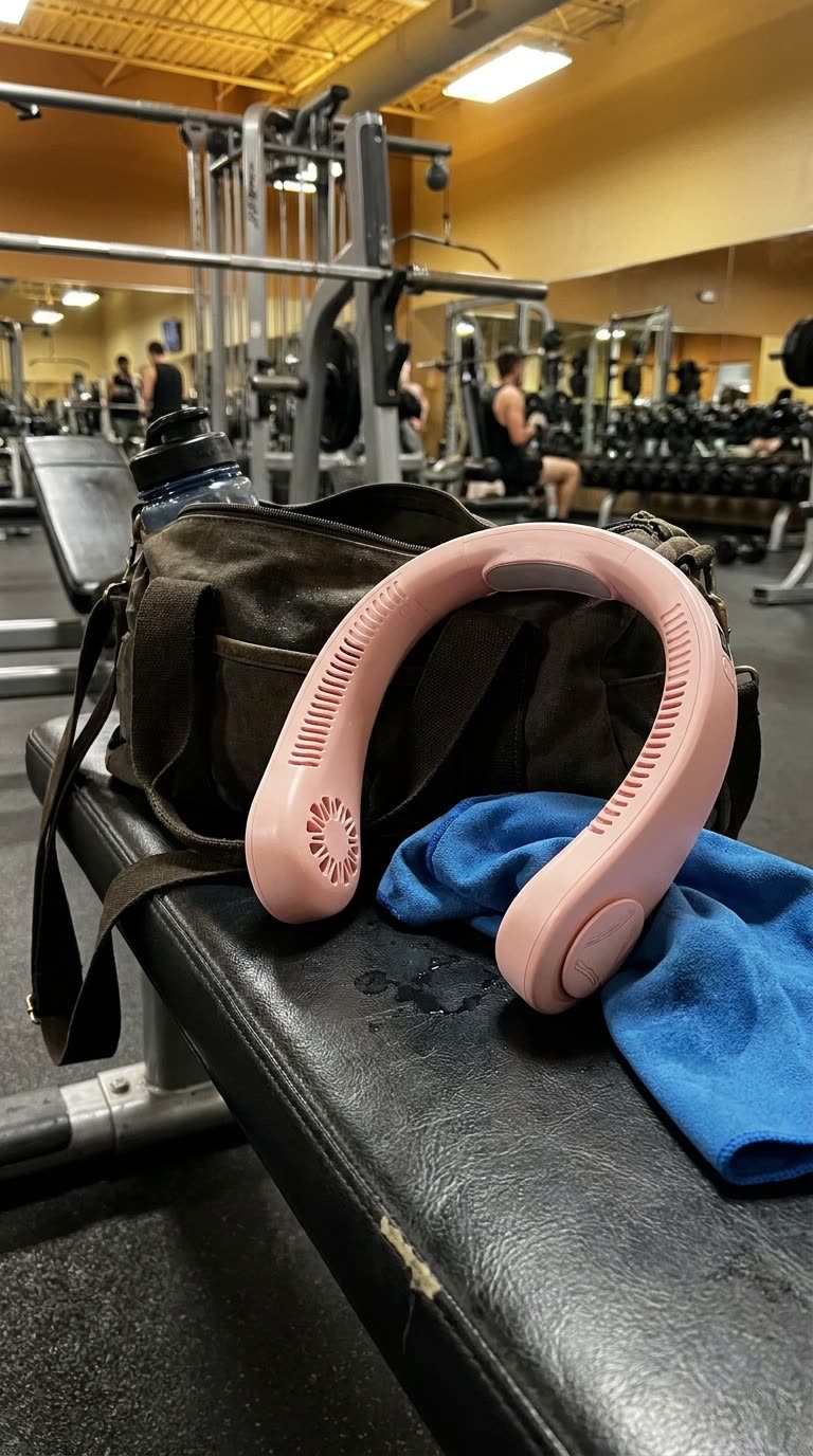 Ventilador de cuello FrescoGo en el banco del gimnasio junto a la bolsa de deporte