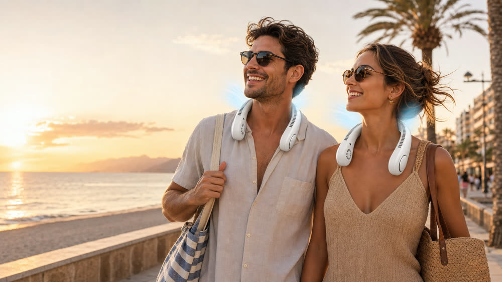 Pareja paseando por el paseo marítimo al atardecer con el ventilador de cuello FrescoGo