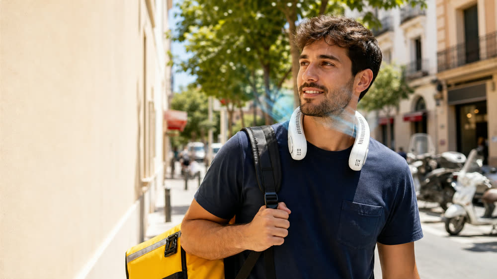 Repartidor por la ciudad en verano con el ventilador de cuello FrescoGo